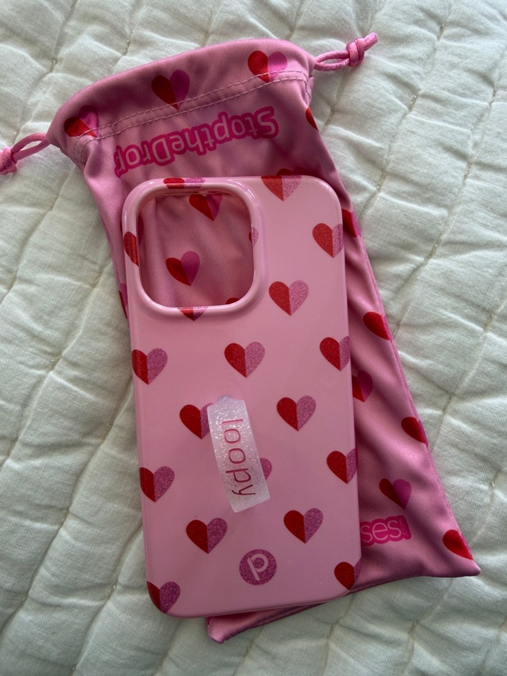 Loopy Case Pink Phone Case with Red & Pink Heart Print. iPhone 13 pro